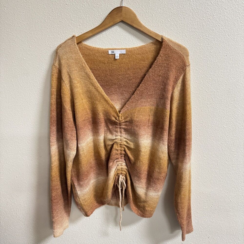 DR2 XL Earth Tone Ombré Ruched Drawstring V Neck Sweater